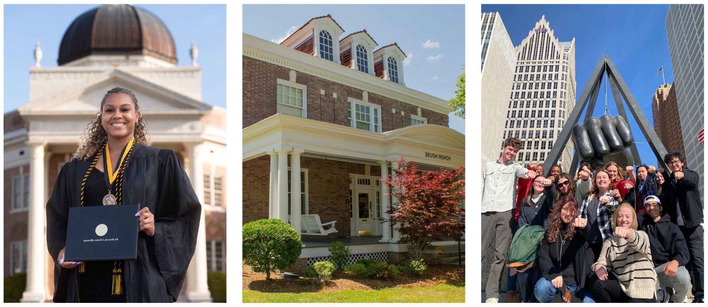 left to right: southern miss students in city, honor house, honors graduate in front of building